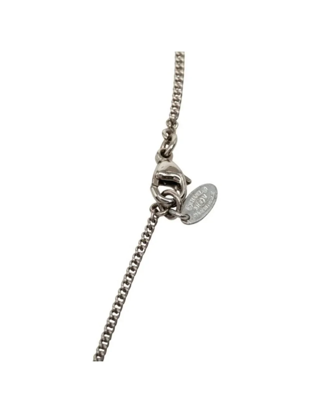 Chanel CC Logo Chain Pendant Stamp Silver Metal Rhinestone